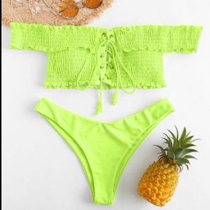 NWT Off Shoulder Lace Up Bikini Set Neon Green